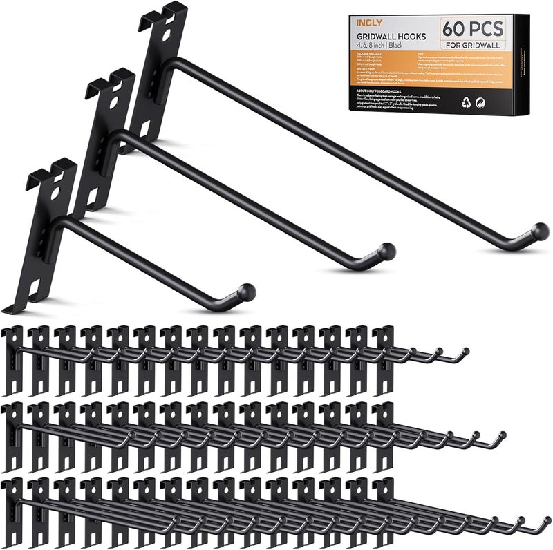 INCLY 4/6/8 Inch Gridwall Hooks, 60 Pack Heavy Duty Black Display Hooks for Grid Wall Panels, Grid Wall Accessory for Storage Display Clothes in Retail Shop Garage - Image 1